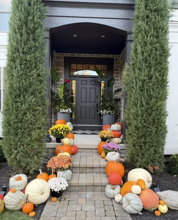 Front entry styled with pumpkins, mums and cypress trees