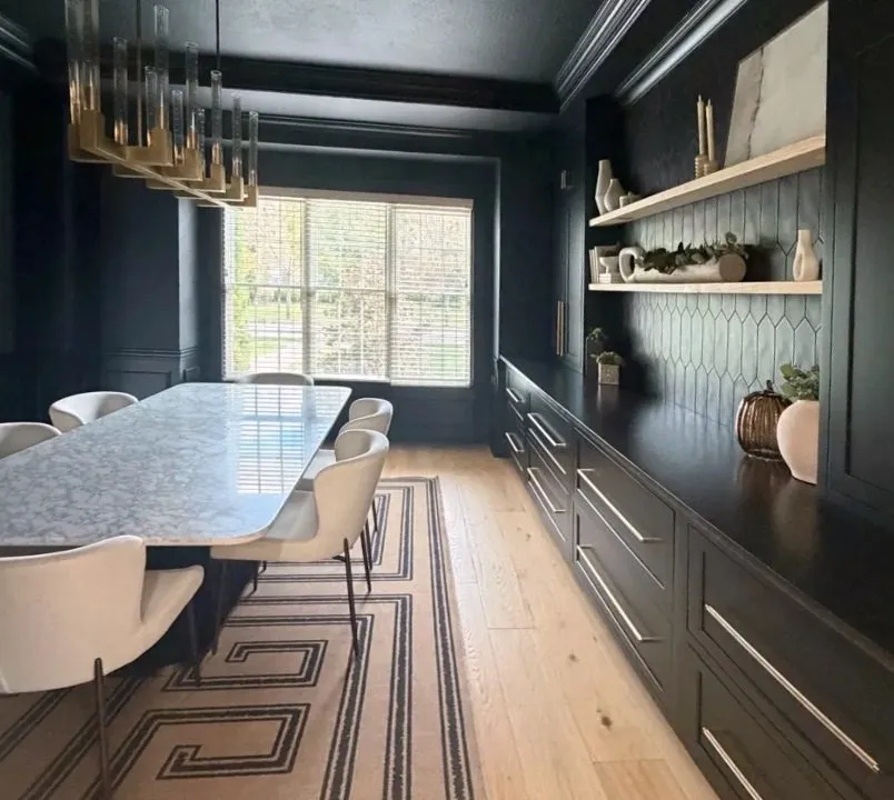 Dining room built-ins with hexagon tile