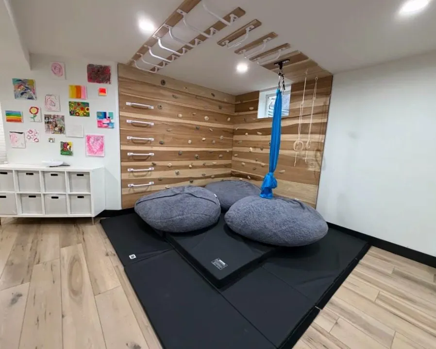 Play room with climbing wall and aerial silk